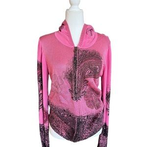 NWT Vintage Vertigo Paris Hooded Pink and Black zip-Up Sweater Size Medium